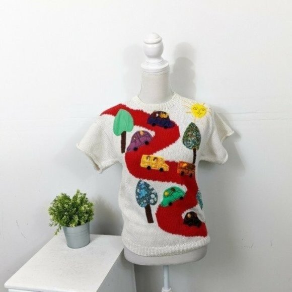Vintage Sweaters - VINTAGE GADO'L White Cars and Buses Scene Sweater Medium